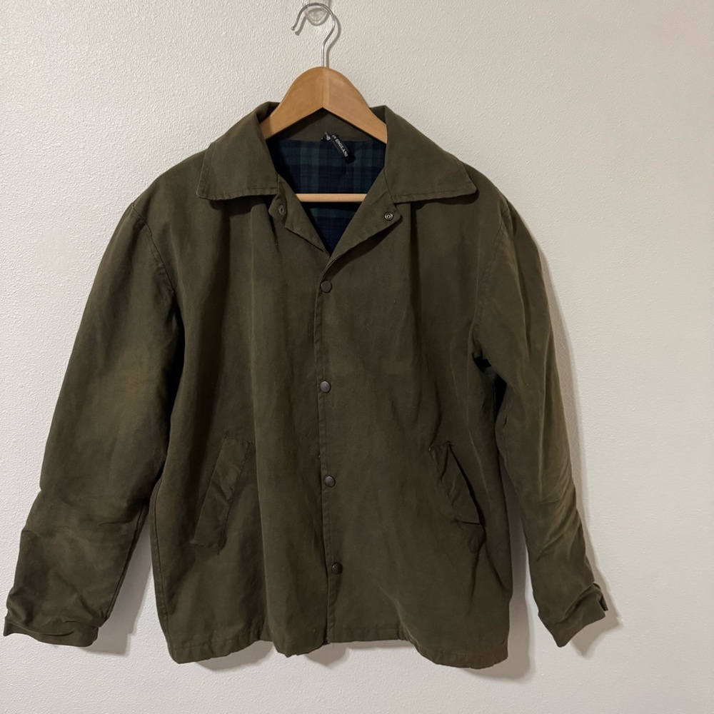 Waxed Cotton Canvas Jacket Army Green Blue Green Plaid Flannel Lined England-S